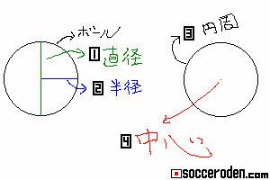 ボールの半径、直径、円周を描いた絵